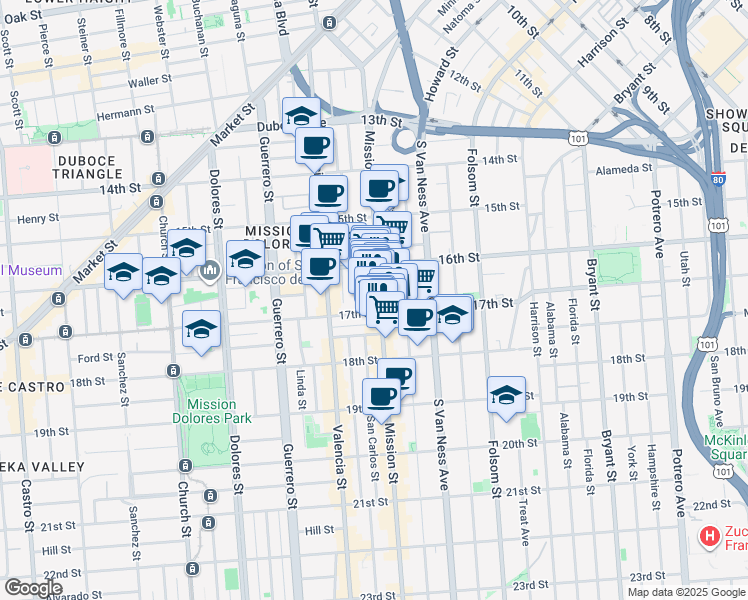 map of restaurants, bars, coffee shops, grocery stores, and more near 2061 Mission Street in San Francisco