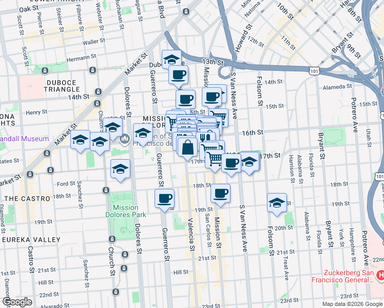 map of restaurants, bars, coffee shops, grocery stores, and more near 66 Rondel Place in San Francisco