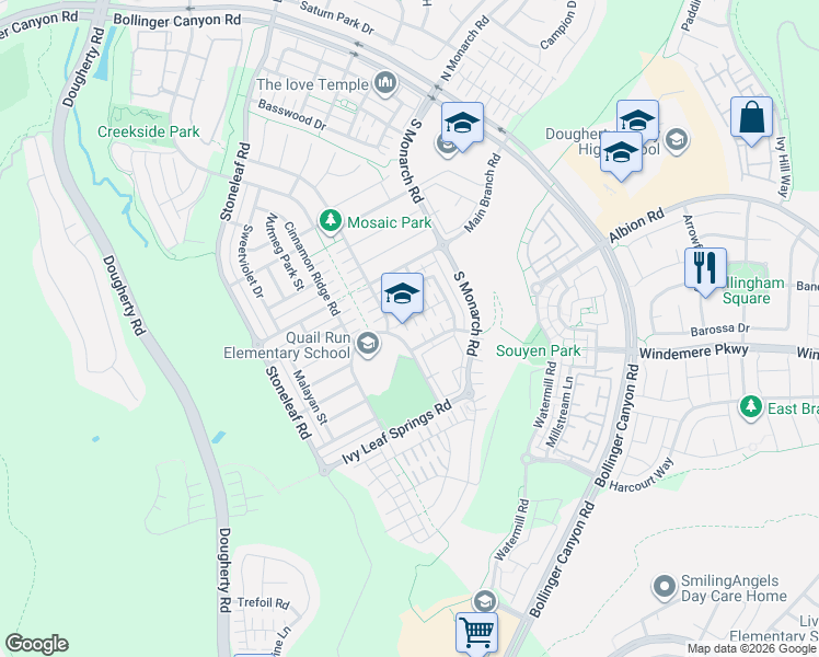 map of restaurants, bars, coffee shops, grocery stores, and more near 2048 Tarragon Rose Court in San Ramon