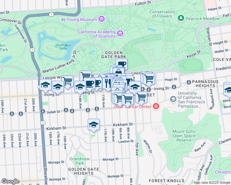 map of restaurants, bars, coffee shops, grocery stores, and more near 909A Irving Street in San Francisco