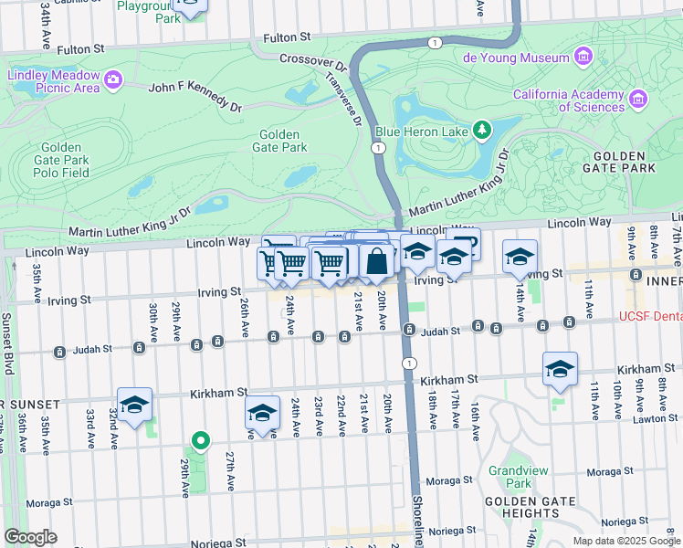 map of restaurants, bars, coffee shops, grocery stores, and more near 1277 21st Avenue in San Francisco