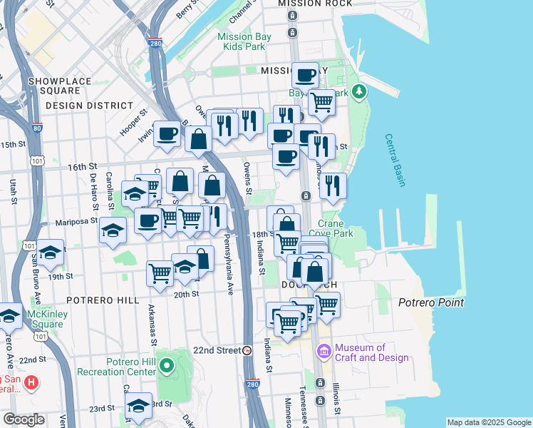 map of restaurants, bars, coffee shops, grocery stores, and more near 777 Mariposa Street in San Francisco