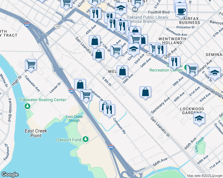 map of restaurants, bars, coffee shops, grocery stores, and more near 5321 East 8th Street in Oakland