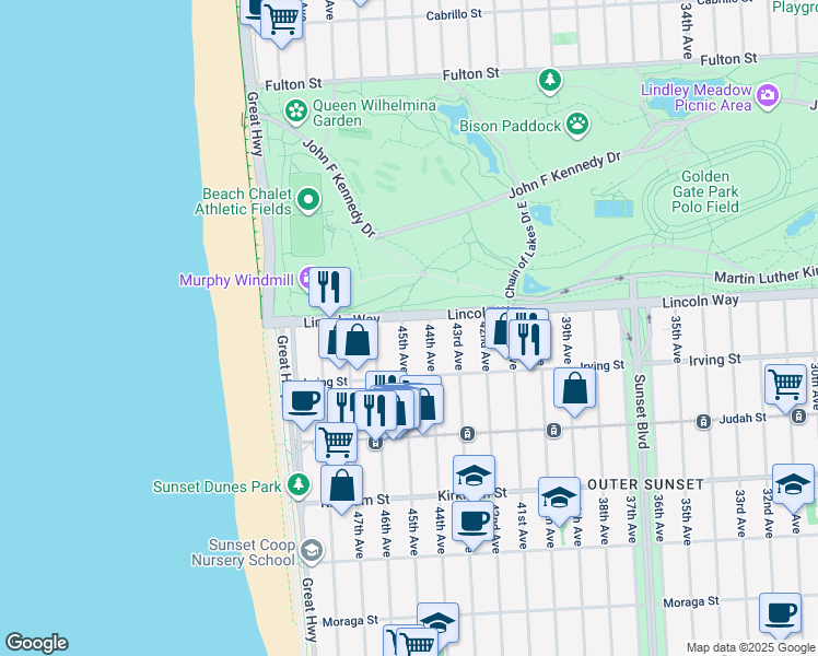 map of restaurants, bars, coffee shops, grocery stores, and more near 1206 45th Avenue in San Francisco