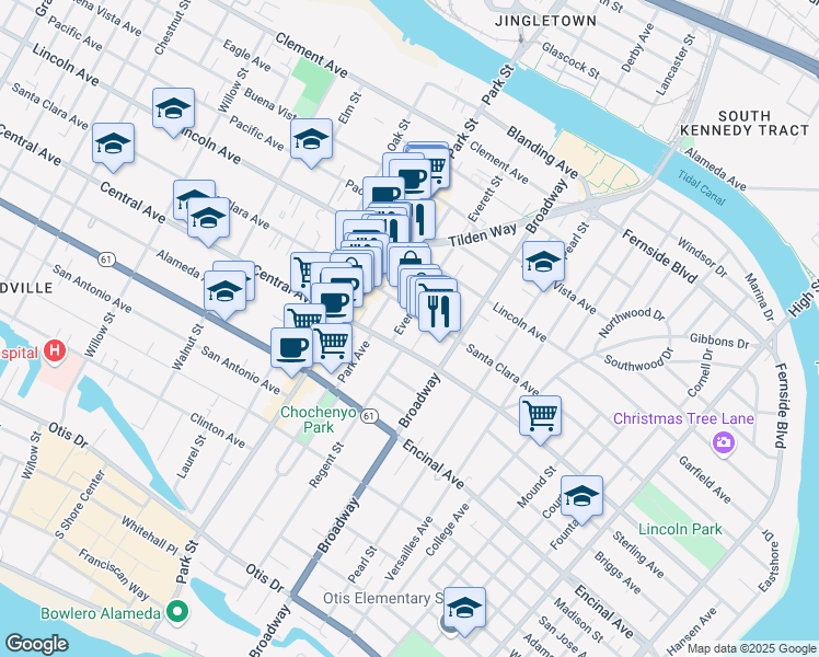 map of restaurants, bars, coffee shops, grocery stores, and more near 1422 Everett Street in Alameda