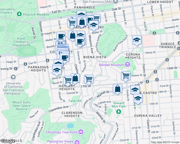 map of restaurants, bars, coffee shops, grocery stores, and more near 137 Clifford Terrace in San Francisco
