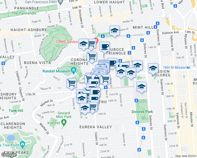 map of restaurants, bars, coffee shops, grocery stores, and more near 3653 16th Street in San Francisco