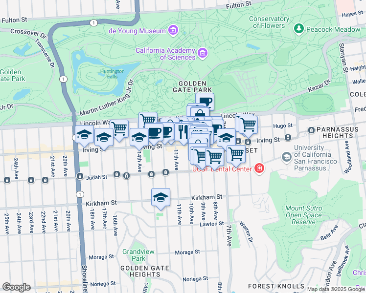 map of restaurants, bars, coffee shops, grocery stores, and more near 909A Irving Street in San Francisco