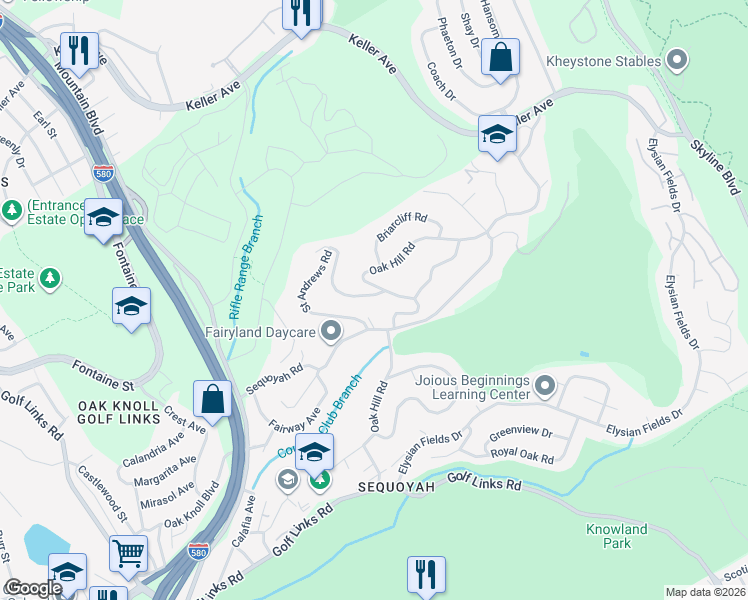 map of restaurants, bars, coffee shops, grocery stores, and more near 4566 Saint Andrews Road in Oakland