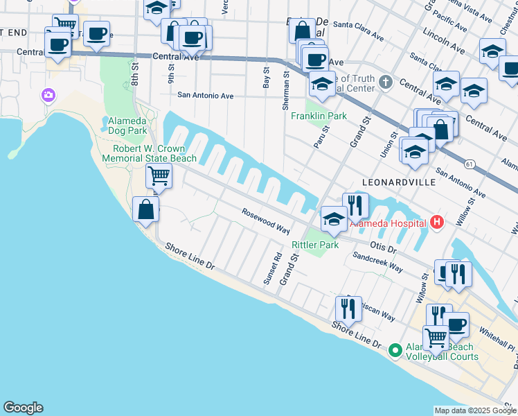 map of restaurants, bars, coffee shops, grocery stores, and more near 1166 Otis Drive in Alameda