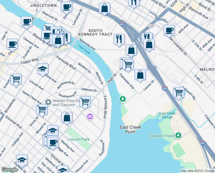 map of restaurants, bars, coffee shops, grocery stores, and more near in Alameda