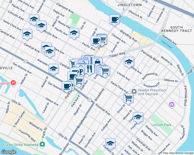 map of restaurants, bars, coffee shops, grocery stores, and more near 1422 Everett Street in Alameda