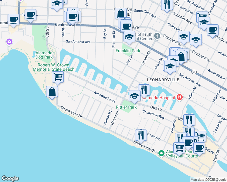 map of restaurants, bars, coffee shops, grocery stores, and more near 1221 Otis Drive in Alameda
