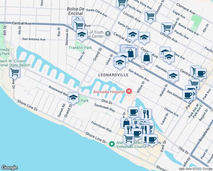 map of restaurants, bars, coffee shops, grocery stores, and more near 645 Sandalwood Isle in Alameda