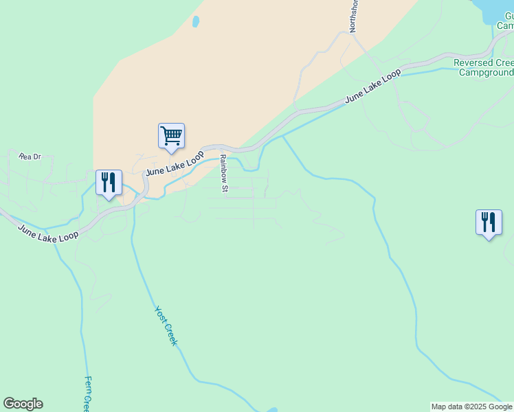 map of restaurants, bars, coffee shops, grocery stores, and more near Piute Drive in June Lake