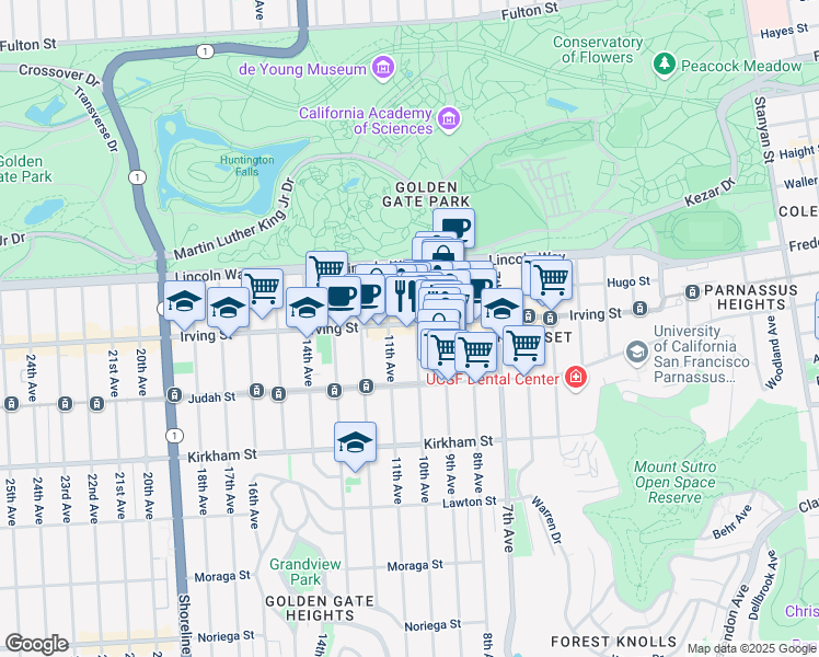 map of restaurants, bars, coffee shops, grocery stores, and more near 909A Irving Street in San Francisco