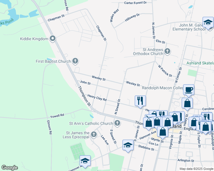 map of restaurants, bars, coffee shops, grocery stores, and more near 404 John St in Ashland