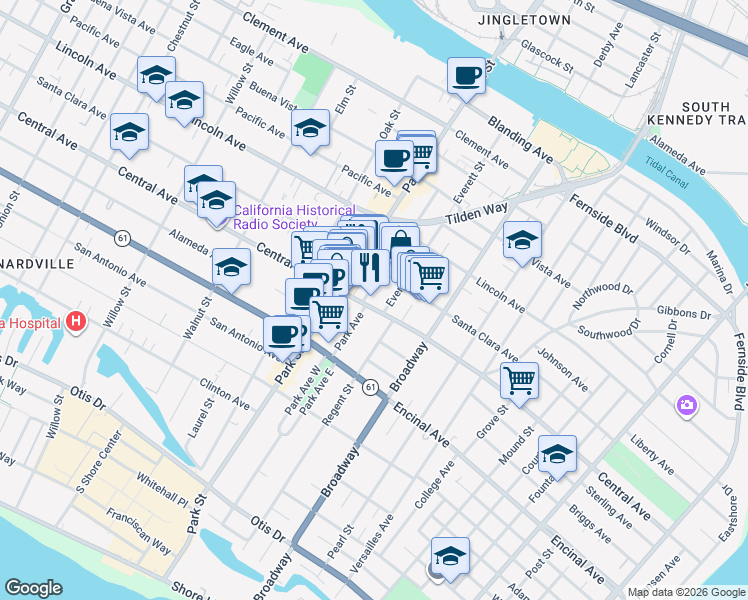 map of restaurants, bars, coffee shops, grocery stores, and more near 1413 Everett Street in Alameda