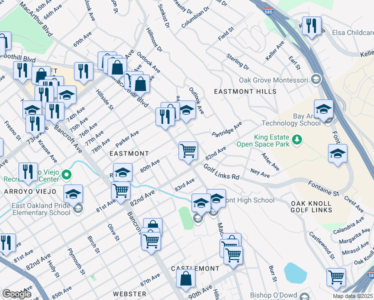 map of restaurants, bars, coffee shops, grocery stores, and more near 8024 MacArthur Boulevard in Oakland