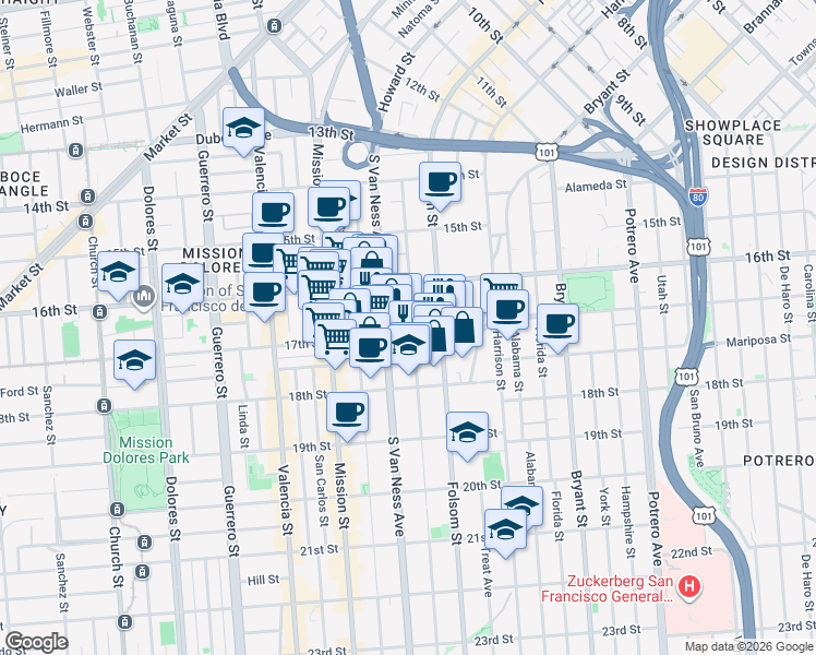 map of restaurants, bars, coffee shops, grocery stores, and more near 274 Shotwell Street in San Francisco