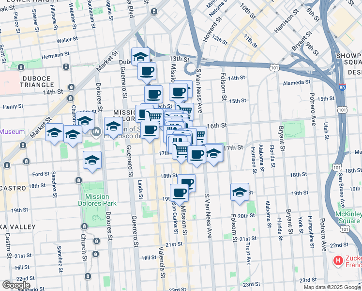 map of restaurants, bars, coffee shops, grocery stores, and more near 2061 Mission Street in San Francisco