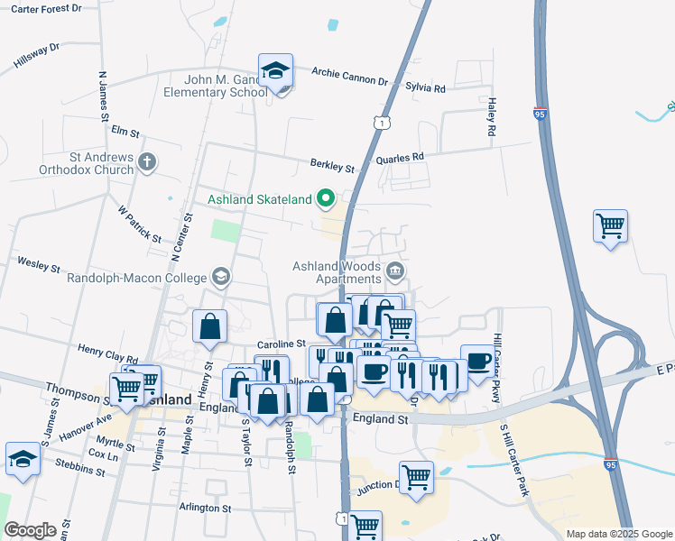 map of restaurants, bars, coffee shops, grocery stores, and more near 504 North Washington Highway in Ashland