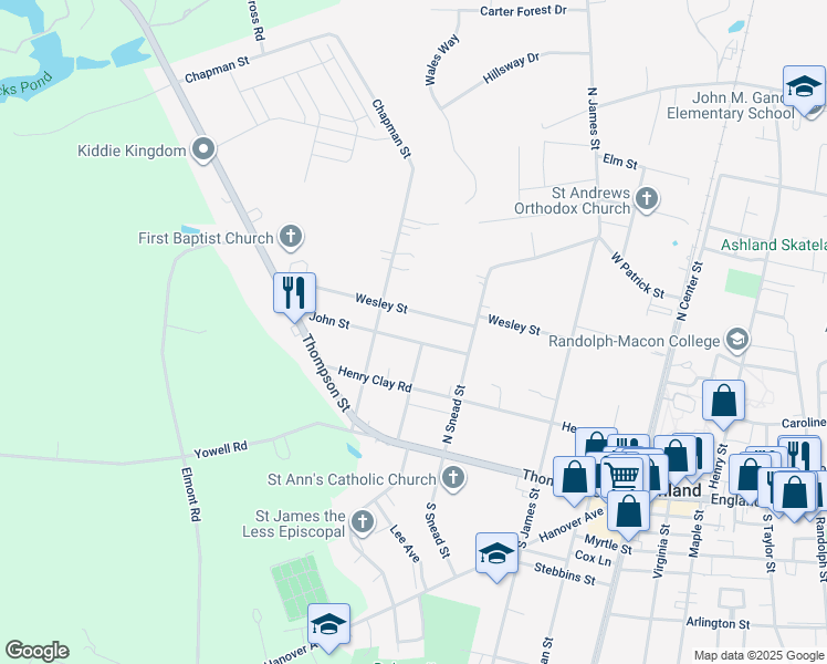 map of restaurants, bars, coffee shops, grocery stores, and more near 404 John St in Ashland