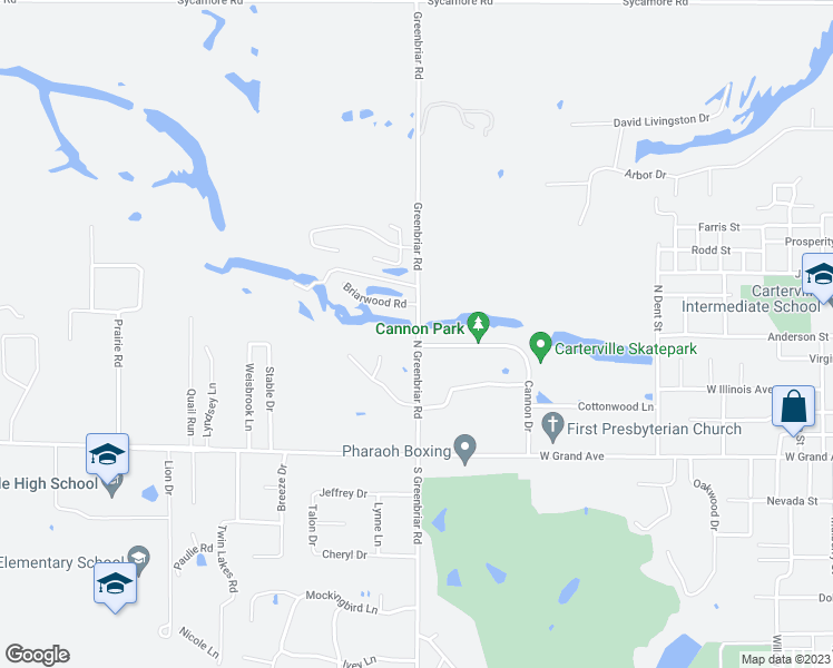 map of restaurants, bars, coffee shops, grocery stores, and more near 201 North Greenbriar Road in Carterville