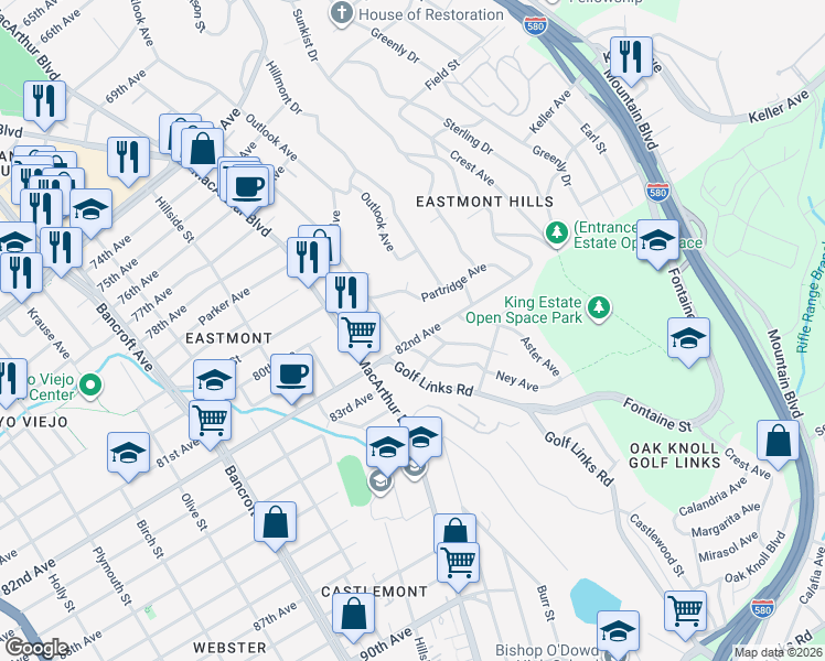 map of restaurants, bars, coffee shops, grocery stores, and more near 2941 82nd Avenue in Oakland