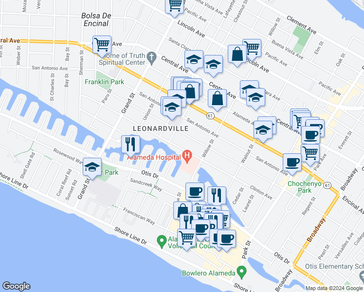 map of restaurants, bars, coffee shops, grocery stores, and more near 2025 Clinton Avenue in Alameda