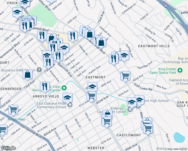 map of restaurants, bars, coffee shops, grocery stores, and more near 2657 79th Avenue in Oakland