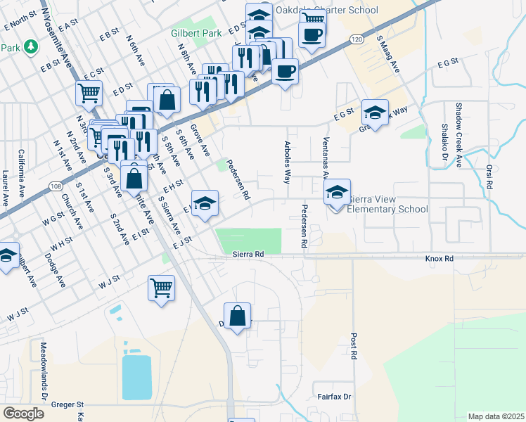 map of restaurants, bars, coffee shops, grocery stores, and more near 521 Pedersen Court in Oakdale