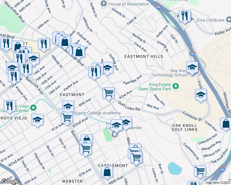 map of restaurants, bars, coffee shops, grocery stores, and more near 8039 Ney Avenue in Oakland