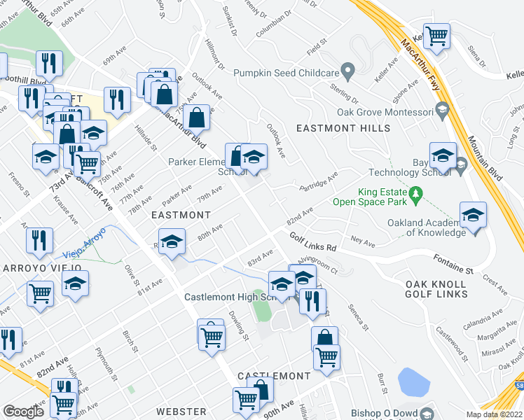map of restaurants, bars, coffee shops, grocery stores, and more near 8000 MacArthur Boulevard in Oakland