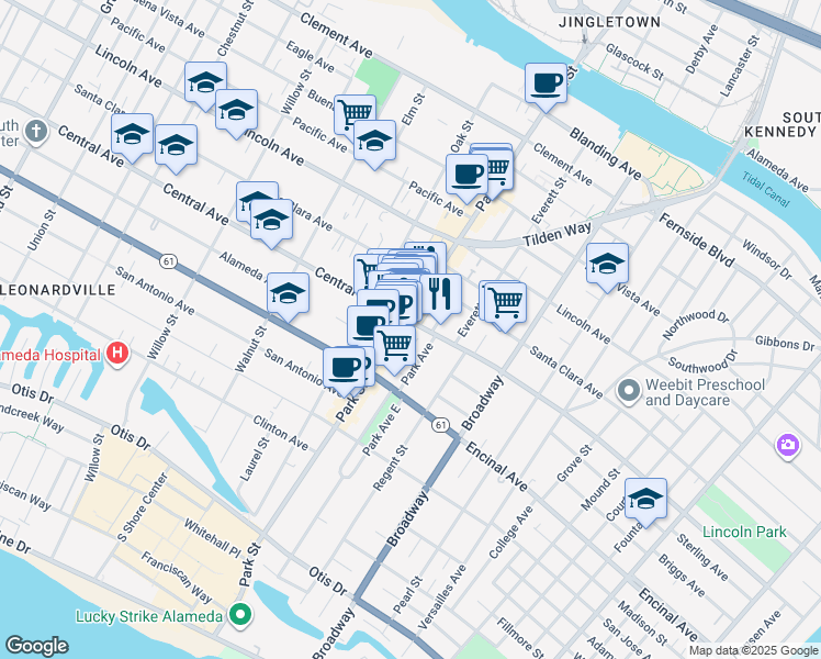 map of restaurants, bars, coffee shops, grocery stores, and more near 2404 Central Avenue in Alameda