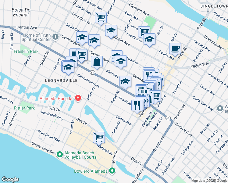 map of restaurants, bars, coffee shops, grocery stores, and more near 1117 Walnut Street in Alameda