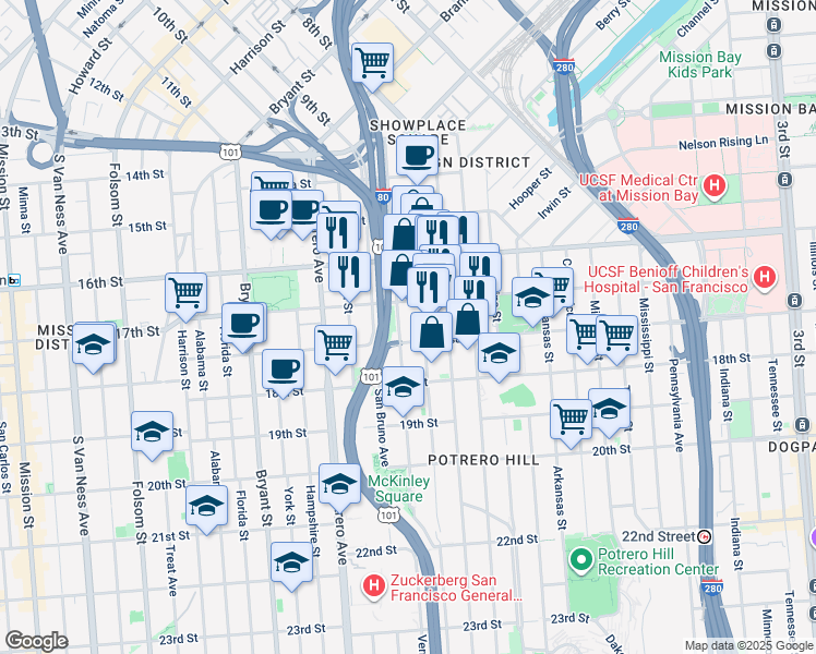 map of restaurants, bars, coffee shops, grocery stores, and more near 439 Vermont Street in San Francisco