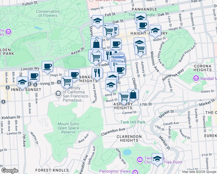 map of restaurants, bars, coffee shops, grocery stores, and more near 180 Grattan Street in San Francisco