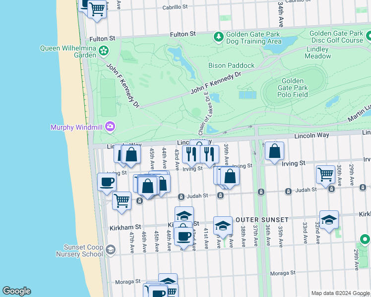 map of restaurants, bars, coffee shops, grocery stores, and more near 4101 Lincoln Way in San Francisco