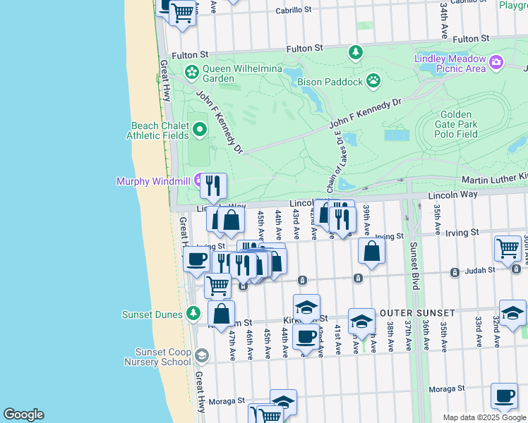 map of restaurants, bars, coffee shops, grocery stores, and more near 1206 45th Avenue in San Francisco
