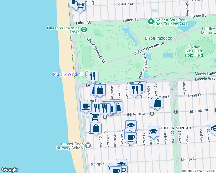 map of restaurants, bars, coffee shops, grocery stores, and more near 1206 45th Avenue in San Francisco