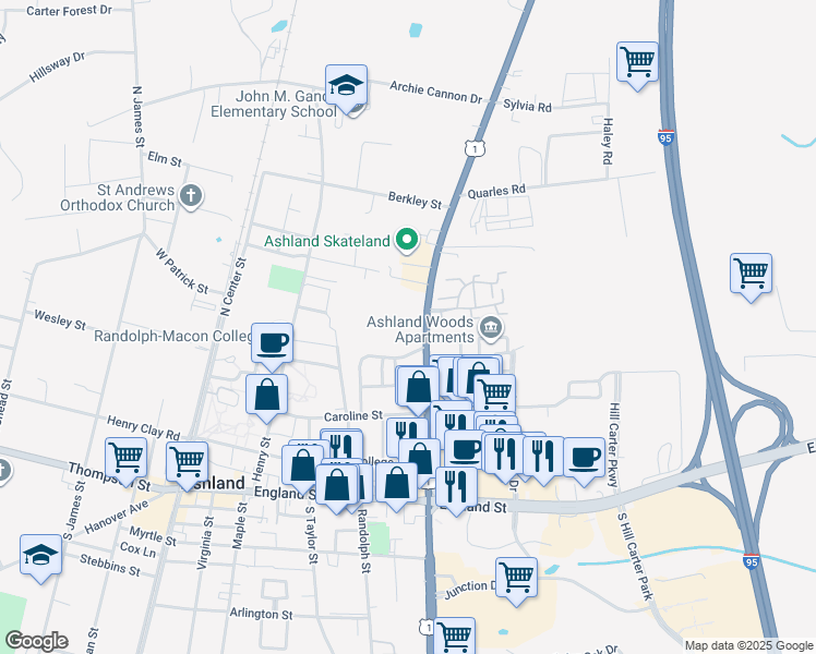 map of restaurants, bars, coffee shops, grocery stores, and more near 504 North Washington Highway in Ashland