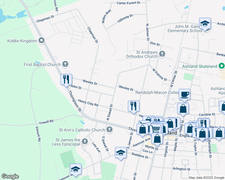 map of restaurants, bars, coffee shops, grocery stores, and more near 307 Wesley Street in Ashland