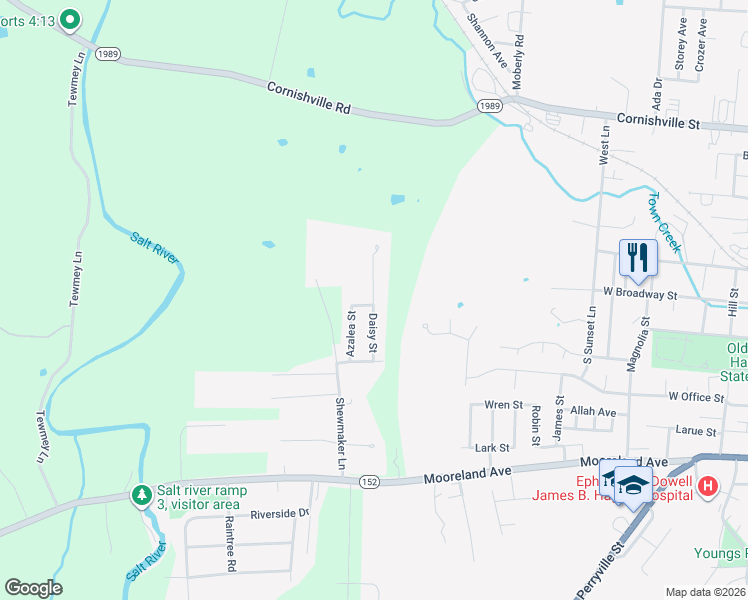map of restaurants, bars, coffee shops, grocery stores, and more near 197 Daisy Street in Harrodsburg