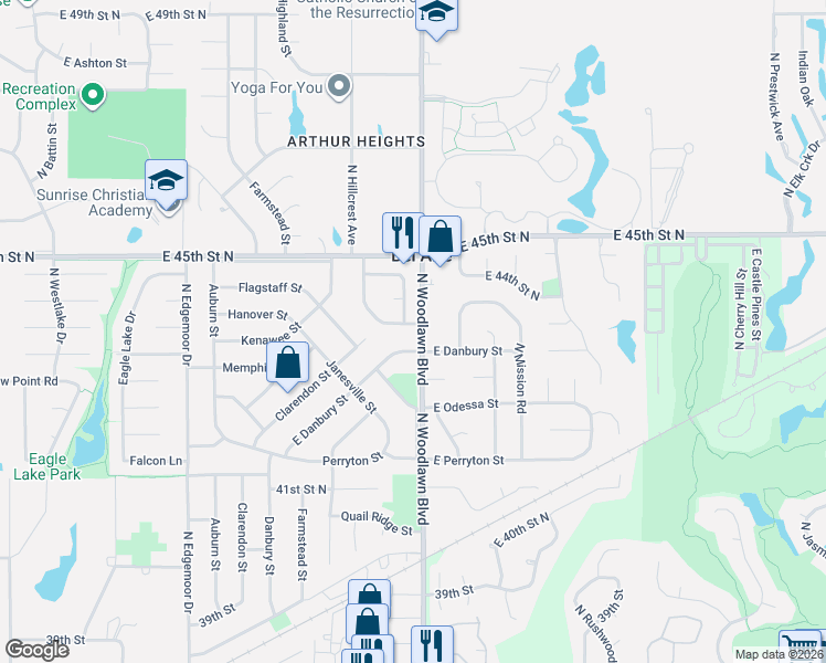 map of restaurants, bars, coffee shops, grocery stores, and more near 6311 E 44th St N in Bel Aire