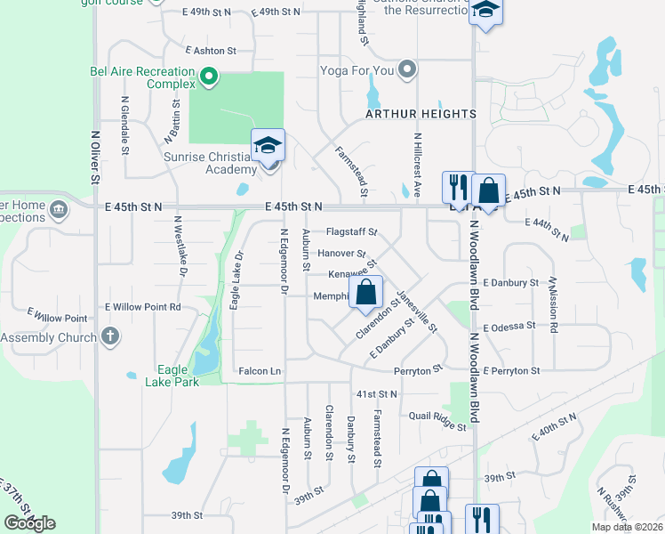 map of restaurants, bars, coffee shops, grocery stores, and more near 5800-5816 Kenawee Street in Bel Aire