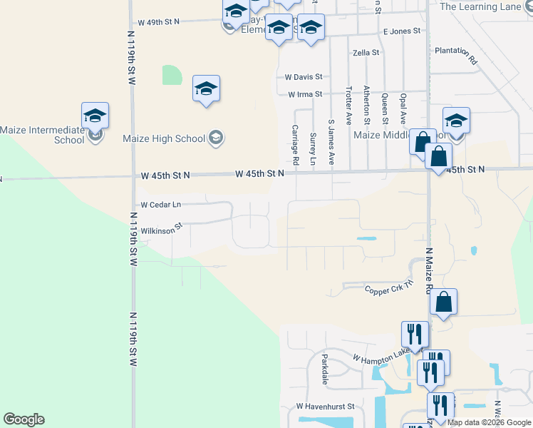 map of restaurants, bars, coffee shops, grocery stores, and more near 11504 Cassie Lane in Maize