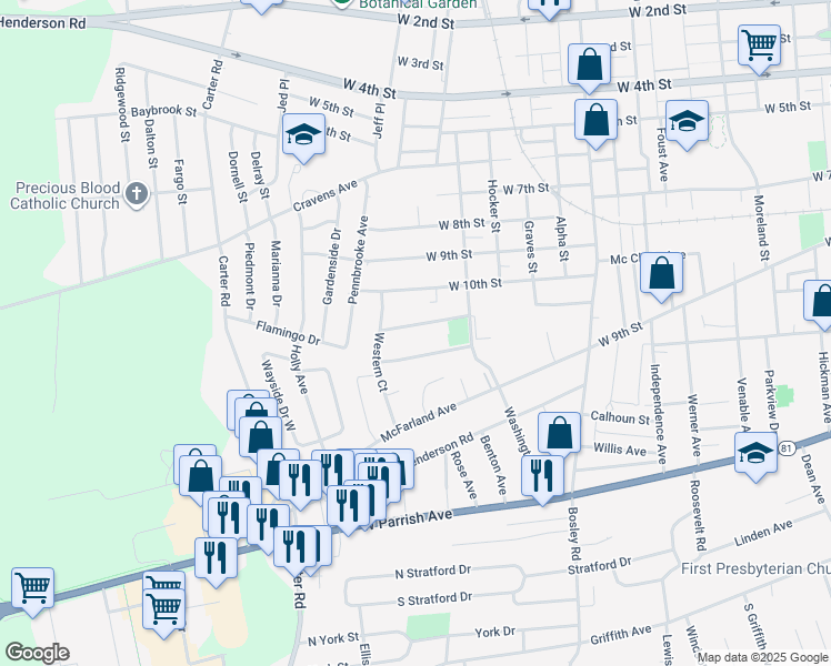 map of restaurants, bars, coffee shops, grocery stores, and more near 2604 Lancaster Avenue in Owensboro