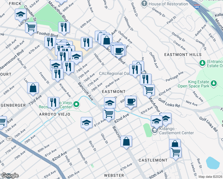 map of restaurants, bars, coffee shops, grocery stores, and more near 2657 79th Avenue in Oakland