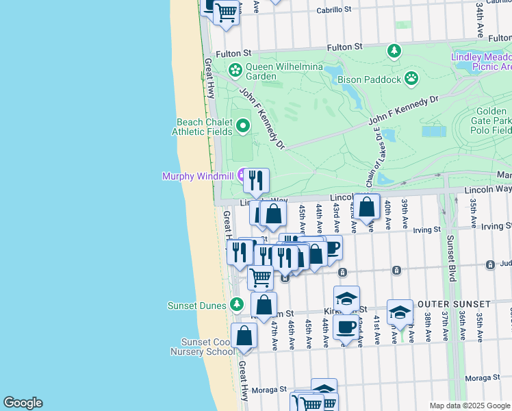 map of restaurants, bars, coffee shops, grocery stores, and more near 4641 Lincoln Way in San Francisco